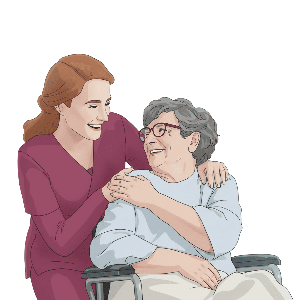 Ilustracja opiekunki wspierającej seniorkę